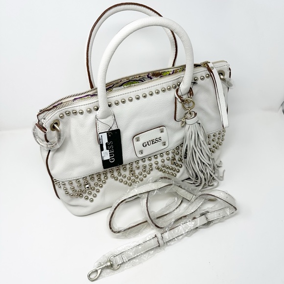 Guess Satchel Crossbody Leather Studded Shoulder Bag Tote w/ Fringe Tassel Charm - Picture 2 of 14